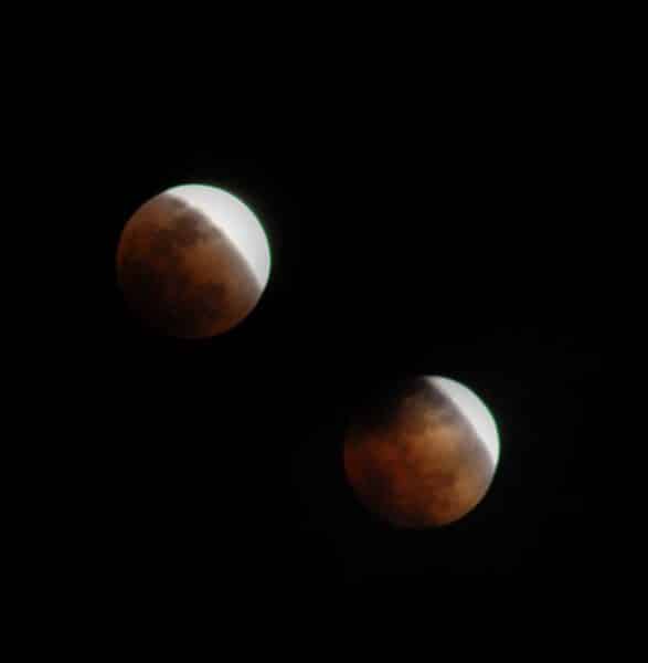 Lunar eclipse 2/20/2008, 2 exposures stitched, Nikon D90