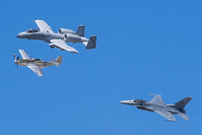 P51 Mustang, A10 Warthog and F16 honor flight formation Sun N Fun
